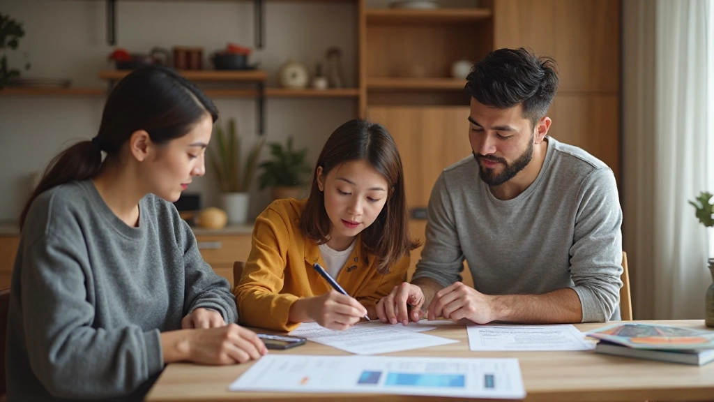 Семья совместно обсуждает семейный бюджет за обеденным столом