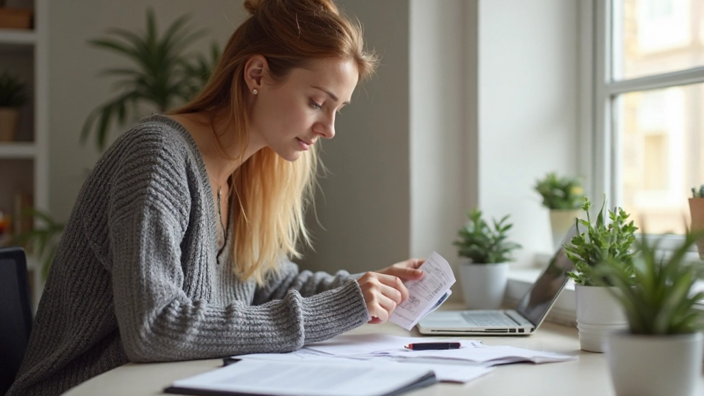 Человек анализирует квитанции об расходах за столом с ноутбуком