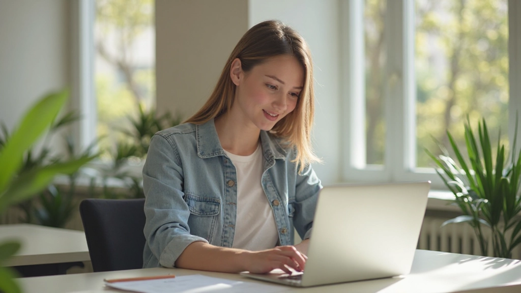 Молодая женщина удаленно работает за ноутбуком в современном интерьере